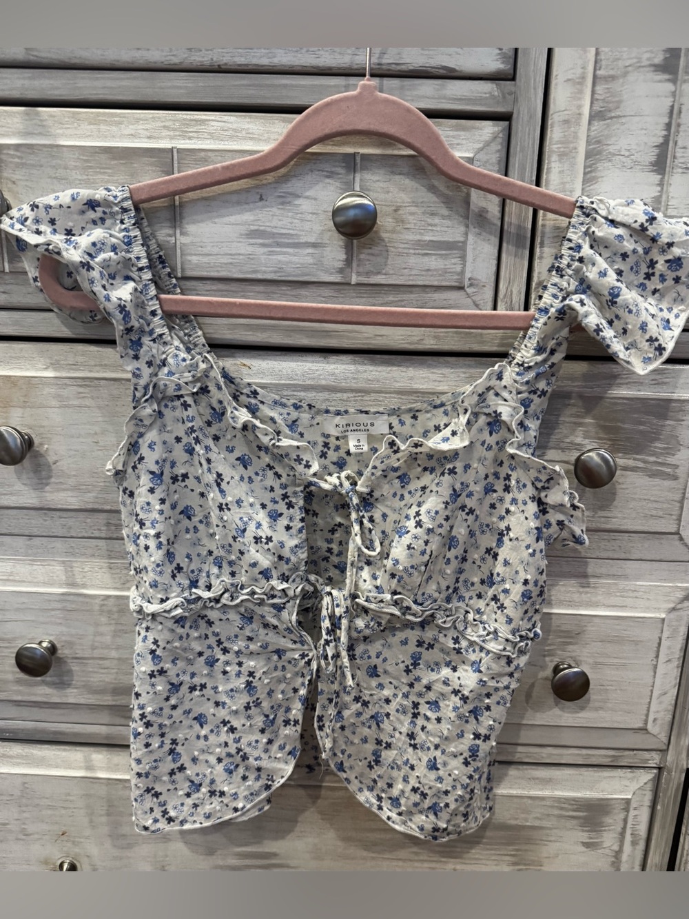 KIRKROS Blue Floral Ruffle Tie-Front Crop Top
